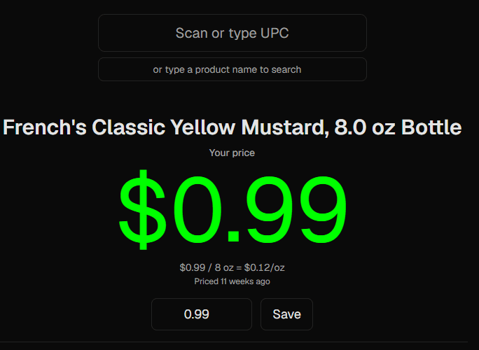The scan field at the top of the pricing station with the matched product name and its price below.