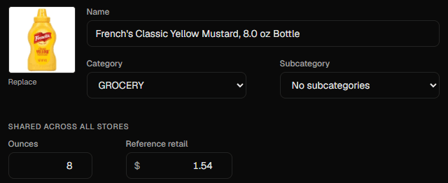 Product details from the shared database: name, category, and the ounces and reference retail fields marked Shared across all stores.