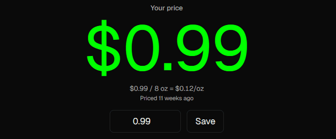 Final shelf price of $0.99 with unit price $0.12 per ounce and a Save button.