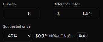 Suggested price panel: reference retail $1.54, a 40% discount, suggested price $0.92.