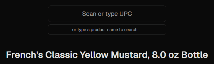 Pricing station after a scan, showing the UPC field and the matched product name.